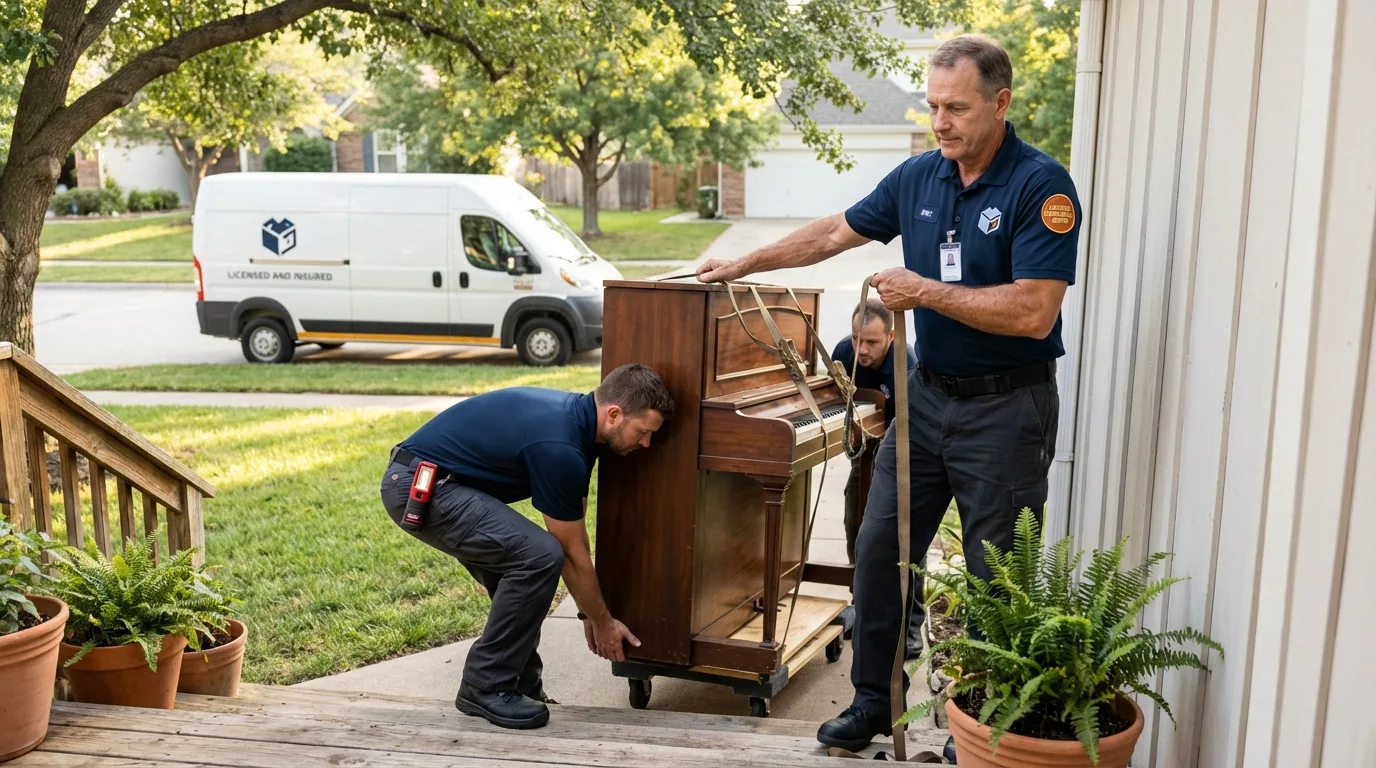 Licensed piano movers securing grand piano in Roxana, IL