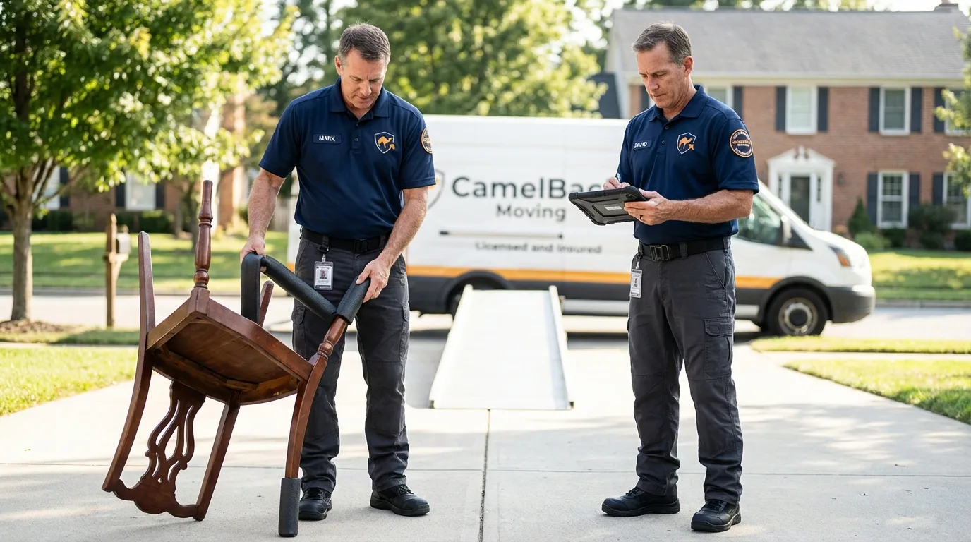 Movers inspecting furniture for damage prevention before loading in Roxana, IL