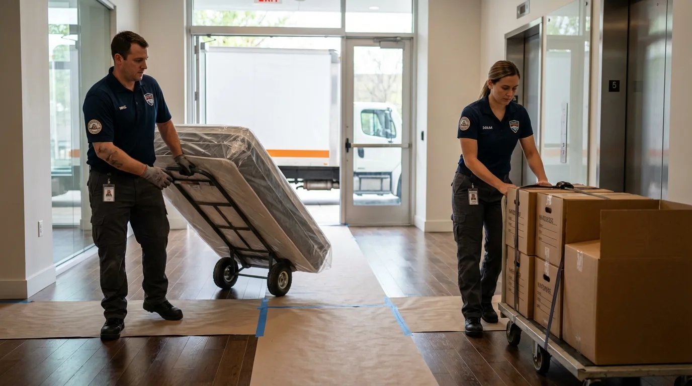 Professional apartment movers loading elevator in Roxana, IL