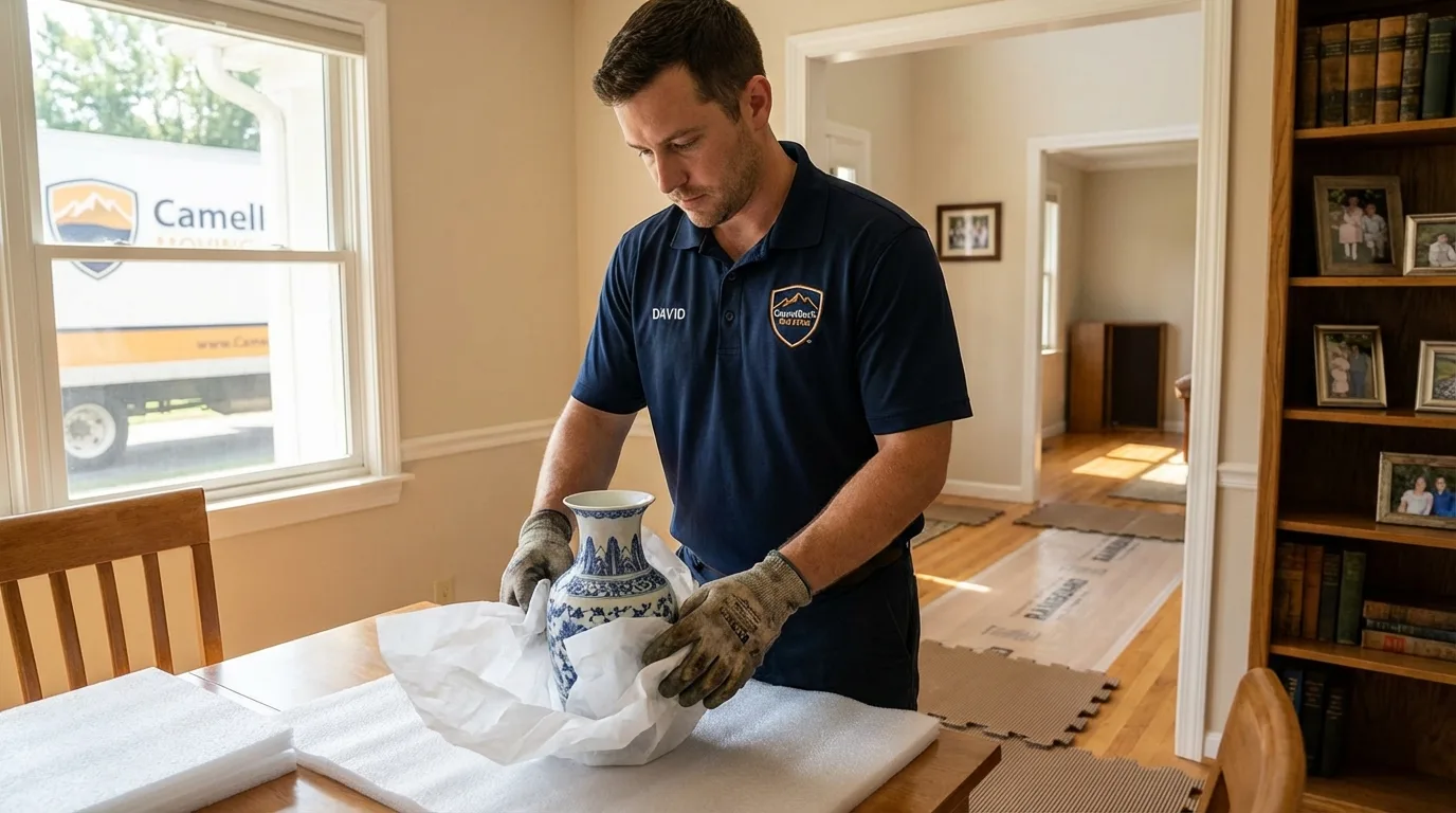 Professional crew carefully wrapping antique vase for senior downsizing move in Roxana, IL